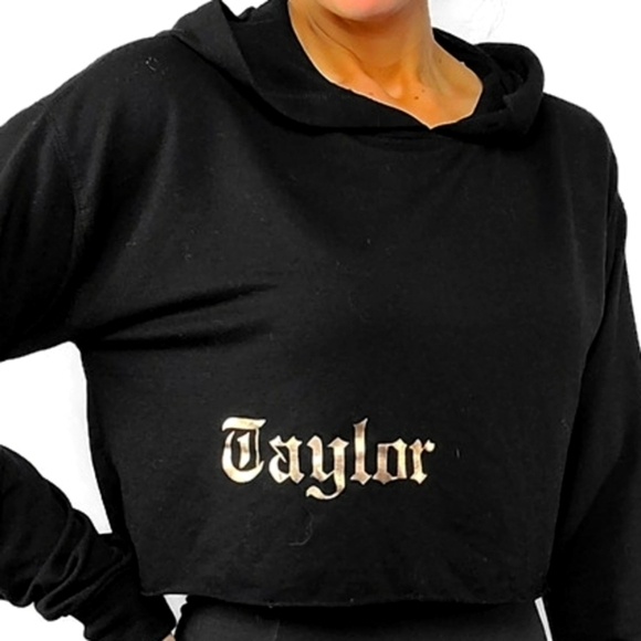 Forever 21 TAYLOR Crop Hoodie Size Medium Gold Black - Picture 3 of 3